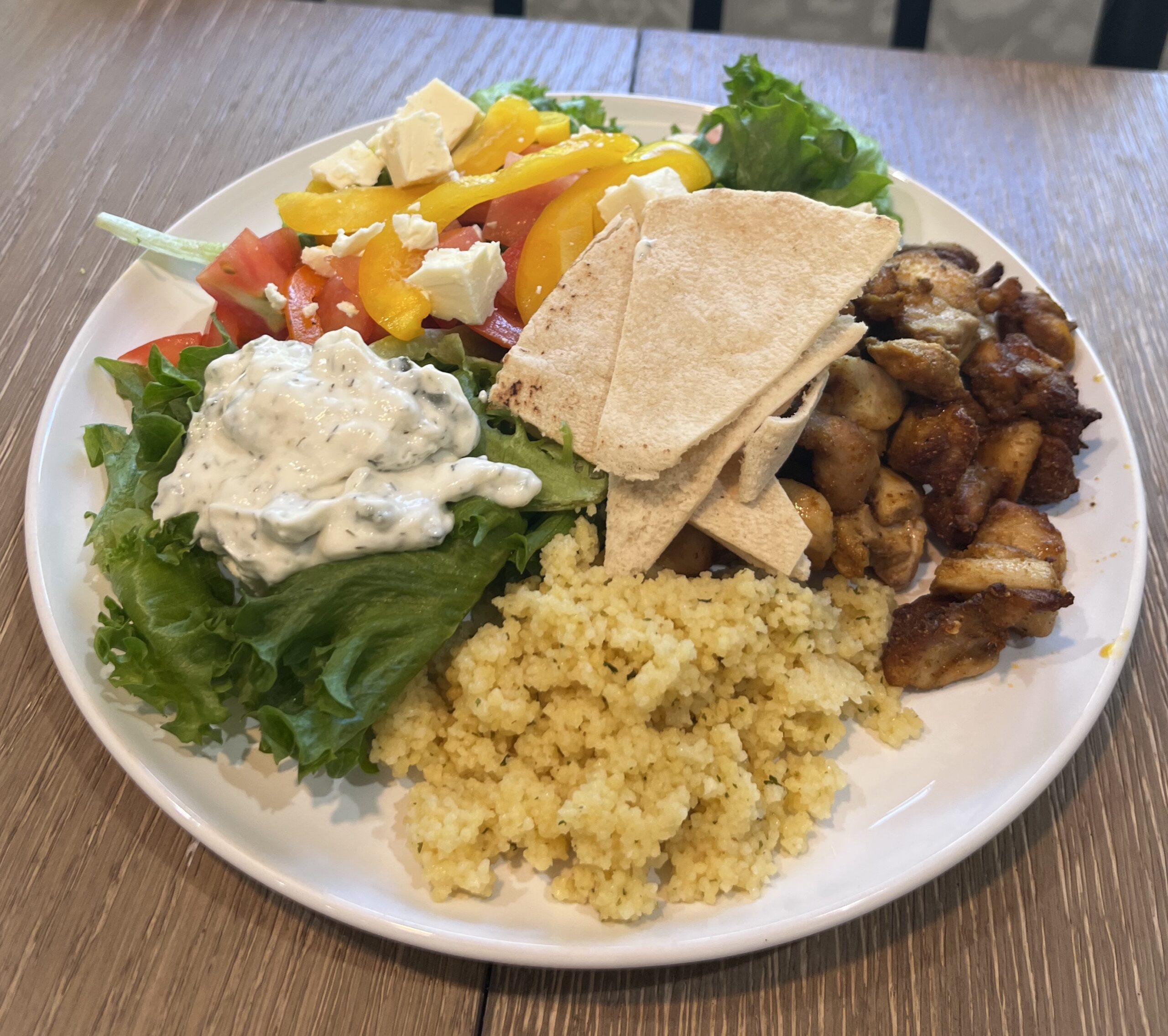 Chicken shawarma with salad and couscous